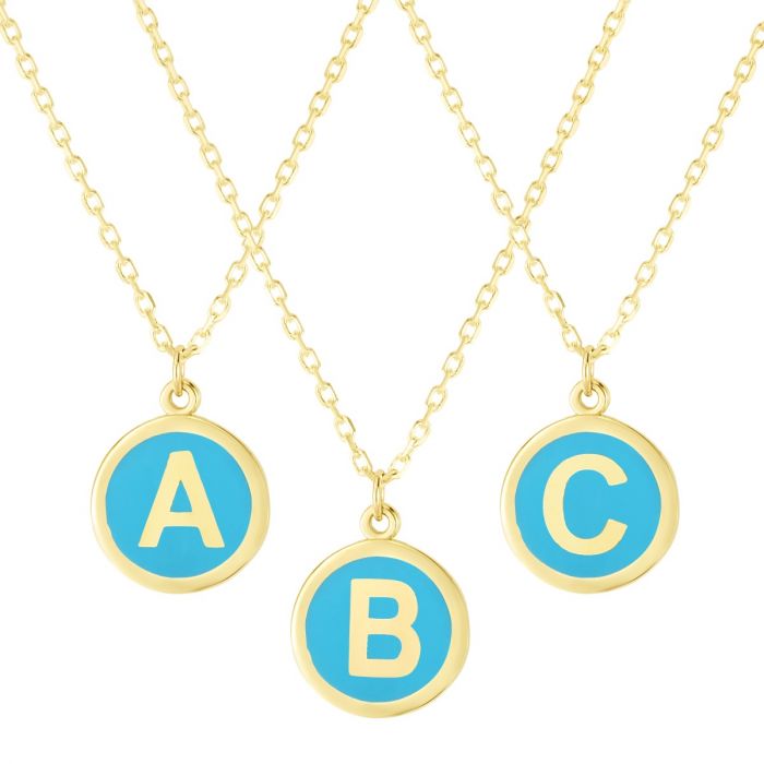 14K Blue Enamel Initial Necklace Series - ALL LETTERS