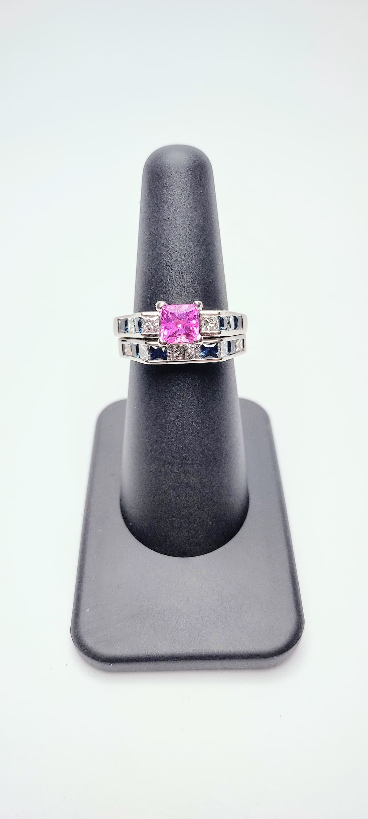 Pink Sapphire & Diamond & Blue Sapphire Custom Wedding Set, engagement ring