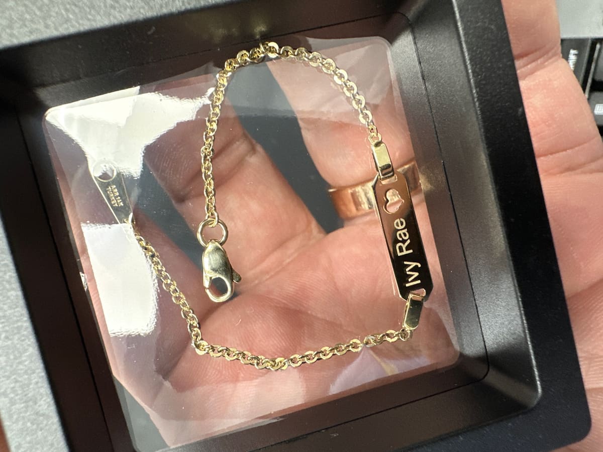 Custom 14kt Name Plate Rolo Link Bracelet, second view