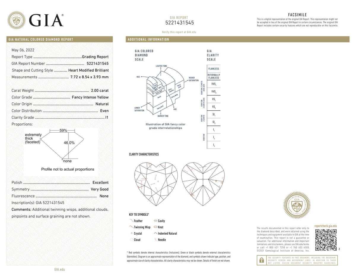 2.00ct Heart I1-Fancy Intense Yellow Diamond, 2 carat loose diamond